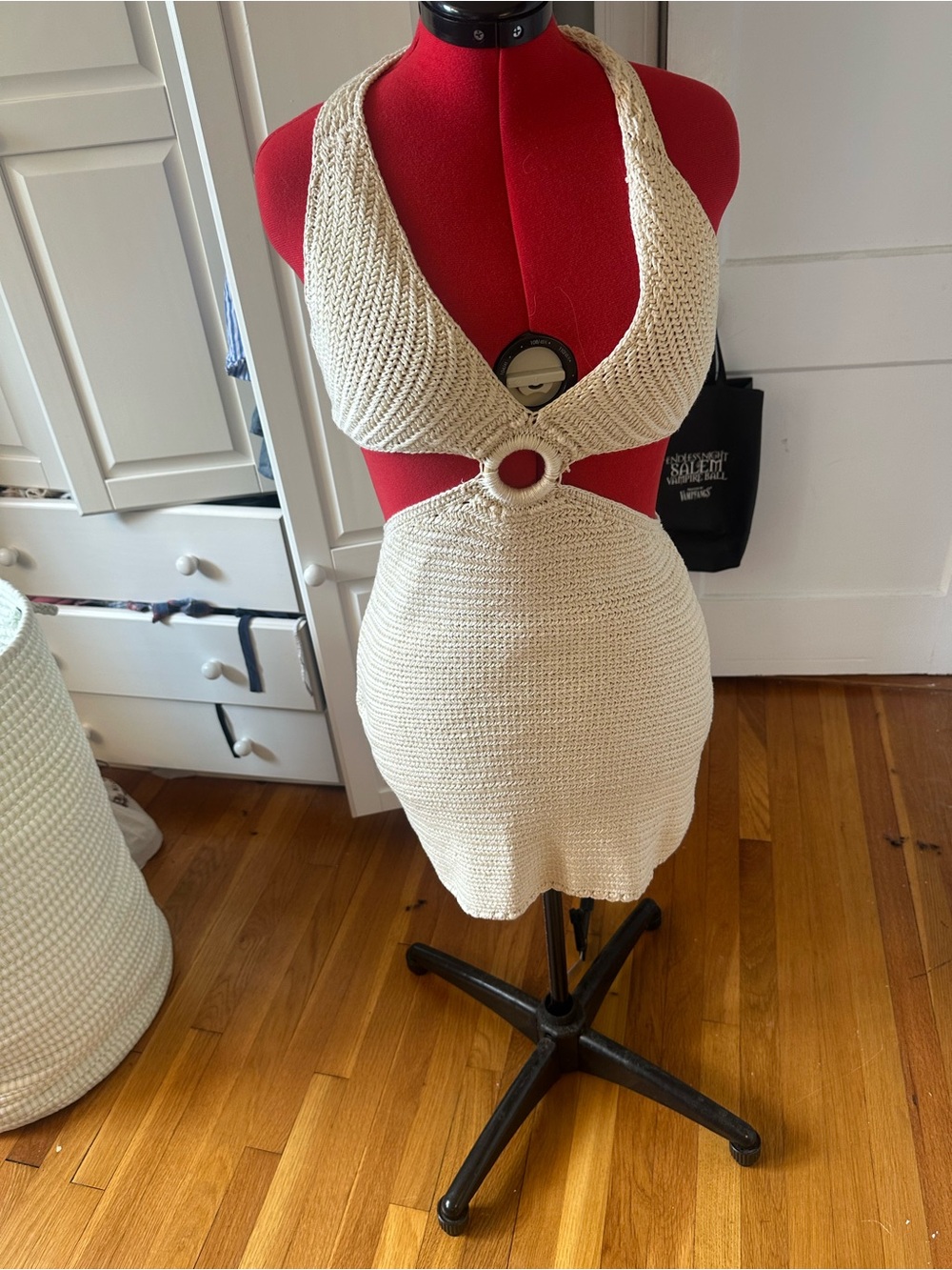 Elan Cream Crochet Halter Mini Dress